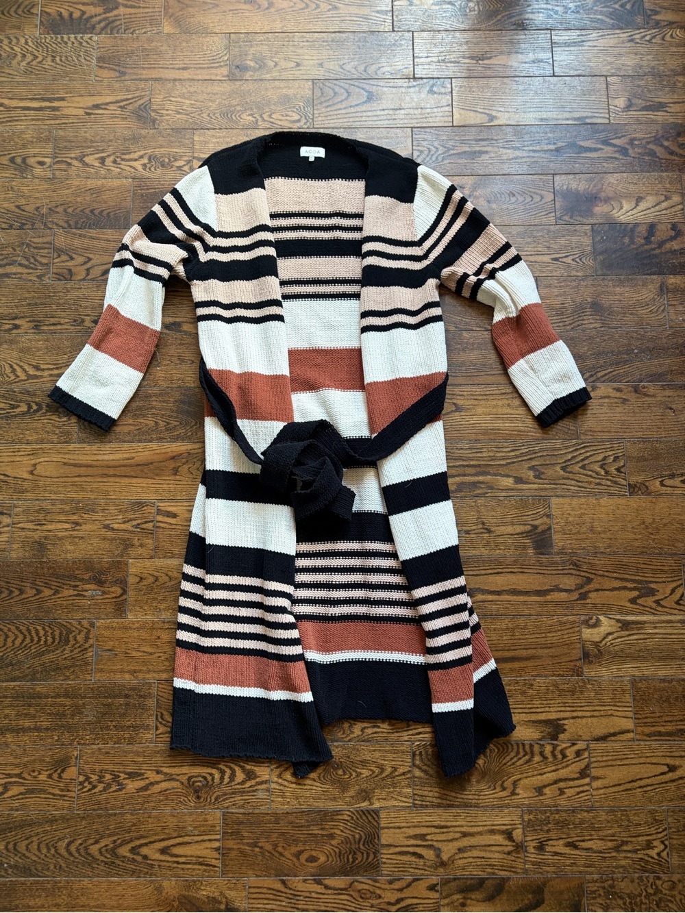 Striped Open-Front Cardigan Sweater in Black, Cream & Rust